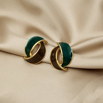 Dark Green Folded Disc and Gold Curve Stud Earrings