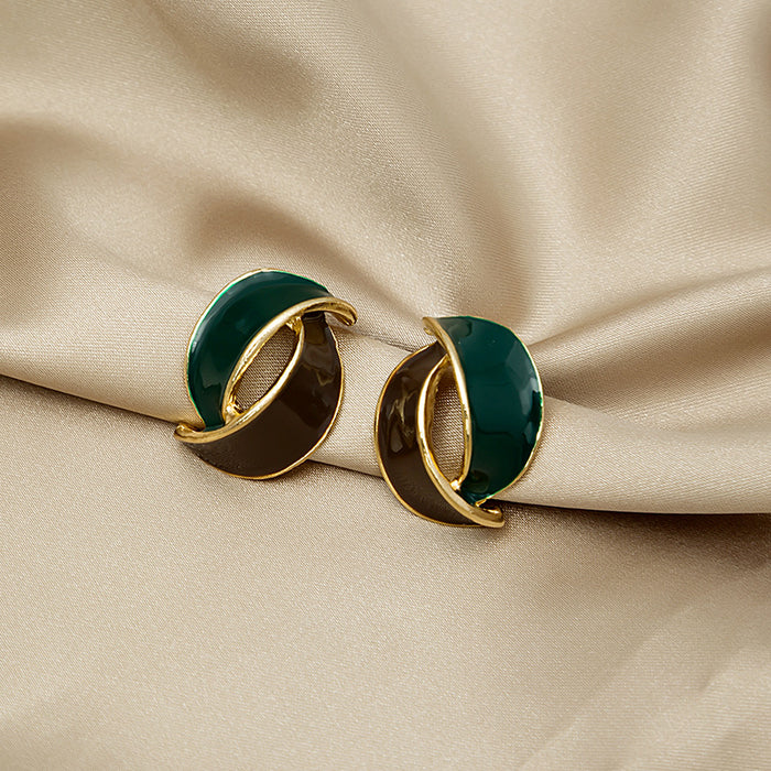 Dark Green Folded Disc and Gold Curve Stud Earrings