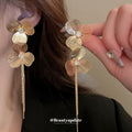 Layered Flower Chain Drop Earrings in Gold and Silver Tones view 3