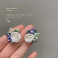 White Ceramic Rose Blue Green Leaf Floral Stud Earrings view 2