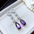 Purple Teardrop Crystal Long Earrings in Silver Tone view 2