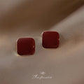 Wine Red Square Enamel Stud Earrings Gold-Tone Metal Frame view 3