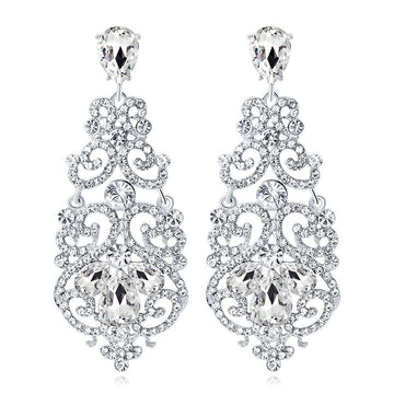Silver Tone Crystal Scroll Teardrop Openwork Crystal Metal Dangle Earrings