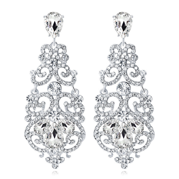 Silver Tone Crystal Scroll Teardrop Openwork Crystal Metal Dangle Earrings