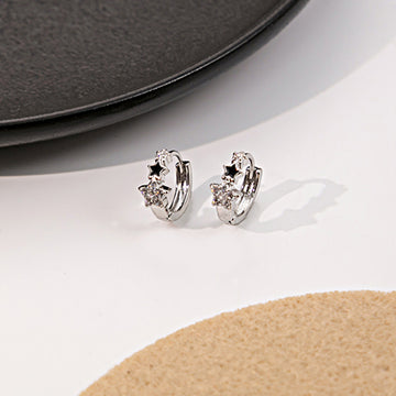 Silver Star Huggie Hoop Earrings Black Enamel Crystal Stars