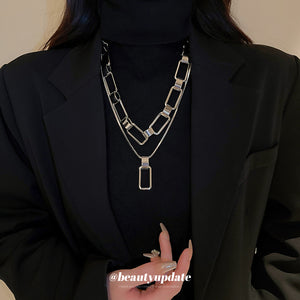 Layered Rectangle Link And Pendant Necklace Set In Gold Or Silver Tone