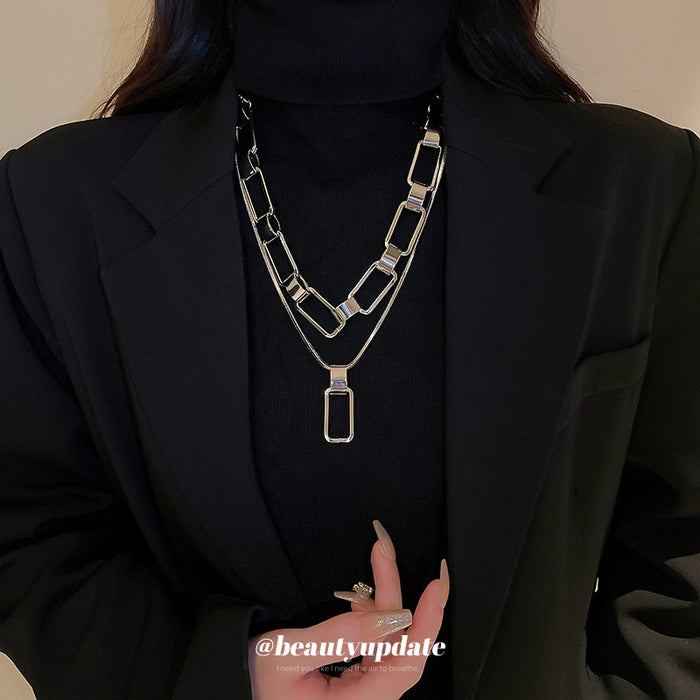 Layered Rectangle Link And Pendant Necklace Set In Gold Or Silver Tone