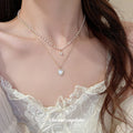 Gold Double Layer Pearl Necklace Heart Pendant Clear Accent view 3