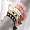 Wide Woven Daisy and Evil Eye Adjustable Tassel Bracelets view 1
