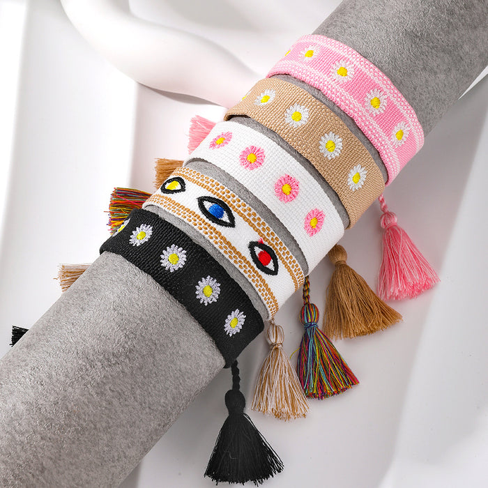 Wide Woven Daisy and Evil Eye Adjustable Tassel Bracelets