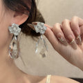 Clear Flower and Teardrop Silver Tone Statement Earrings view 2