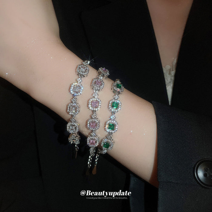 Silver Tone Square Crystal Halo Bracelets In Green Clear Or Pink
