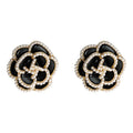Black Camellia Flower Stud Earrings Pearl Gold Border view 5