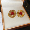 Textured Gold Disc Stud Earrings With Red Or Black Centers view 8