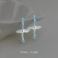 Silver Tone Aqua Stone Planet Orbit Long Stud Earrings view 1