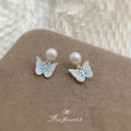 Light Blue Enamel Butterfly Stud Earrings Glass Pearl Posts view 4