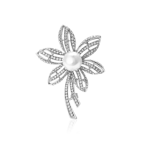 Pearl Crystal Flower brooch shown from the front