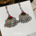 Silver Tone Beaded Fan Drop Earrings with Red and Black Accents view 2