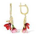 Red Pink Flower Drop Hoop Earrings Metal Jewelry Design view 1