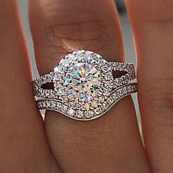 Silver Tone Round Crystal Split Shank Halo Ring Statement Jewelry