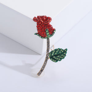Rhinestone Rose Brooch Green Leaf Gold Stem Purple Red Pin