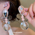 Clear Resin Flower Drop Earrings with Pink Beads and Sculpted Petals view 1