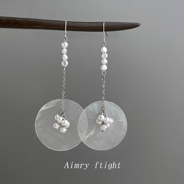 Silver-Tone Long Chain Drop Earrings with Round White Disc and Pearl