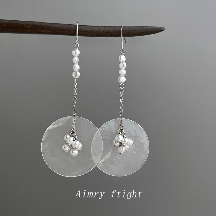 Silver-Tone Round Shell Disc Long Pearl Chain Drop Earrings