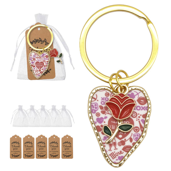 Happy Valentines Heart Keychain Gold Ring Rose Charm