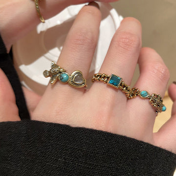 Gold Vintage Open Ring Square Blue Stone Adjustable Band