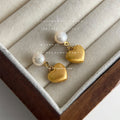 Gold Tone Brushed Heart And White Pearl Drop Stud Earrings view 4