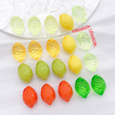 Lemon shaped acrylic charms in seven colors arranged as a full product overview