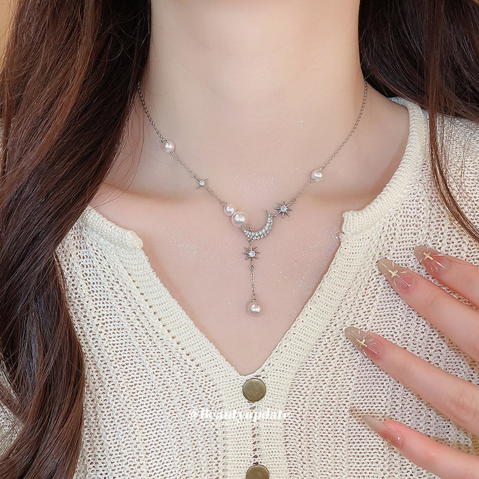 Silver Tone Moon Star and Pearl Drop Pendant Necklace