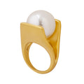 Gold And Steel Angular Band Rings With Large White Pearl view 5