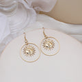 Gold Sun Face Open Round Celestial Long Hook Earrings view 3