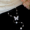 Rhinestone Butterfly Pearl Lariat Necklace Silver Gold view 6