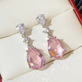 Pink Pear-Shaped Three-Stone Long Drop Earrings In Silver Tone view 2