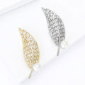 Crystal Leaf Brooch Pearl Drop Gold or Silver Tone view 3