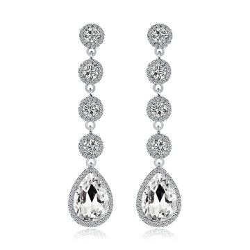 Silver Tone Crystal Circle Chain Crystal Metal Dangle Earrings
