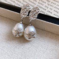 Silver Tone Crystal Leaf Studs With Large Faux Pearl Drops view 6