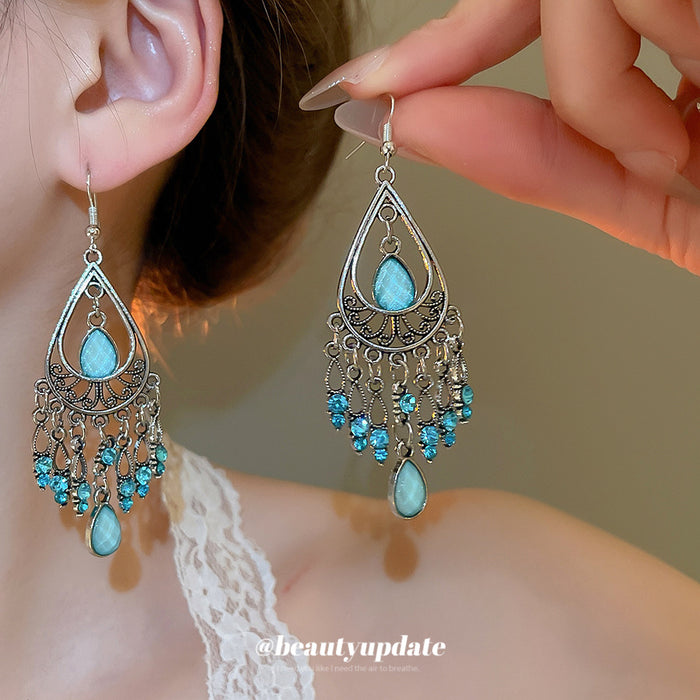 Turquoise Teardrop Filigree Chandelier Hook Earrings