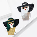 Wide Brim Black Hat Woman Brooch in Two Hair Colors view 3