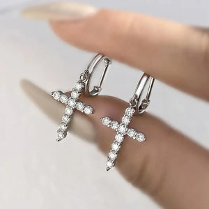 White Metal Huggie Hoop Cross Drop Earrings Clear Stones