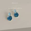 Gold Frame Dual Circle Marbled Blue Enamel Stud Earrings view 3