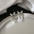 Silver Ribbon Bow Triple Chain Long Dangle Stud Earrings view 3