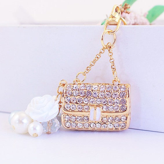 Rhinestone Camellia Flower Car Keychain and Handbag Charm for Women