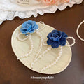 Denim Rose Flower Hair Clips Pearl Tassel Two Blues view 2
