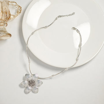 Silver Five Petal Flower Statement Pendant Necklace