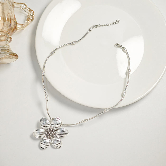Silver Five Petal Flower Statement Pendant Necklace