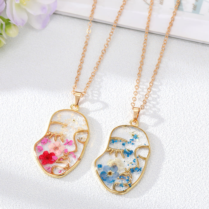 Silver Tone Resin Pressed Flower Face Pendant Necklaces in Three Colors